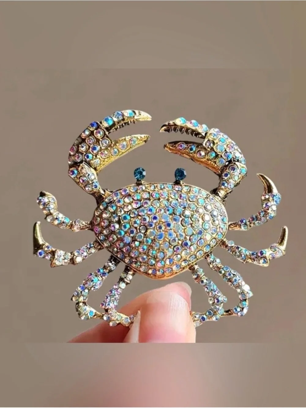 Gold-Tone Crystal Crab Brooch - Iridescent Blue Accent
